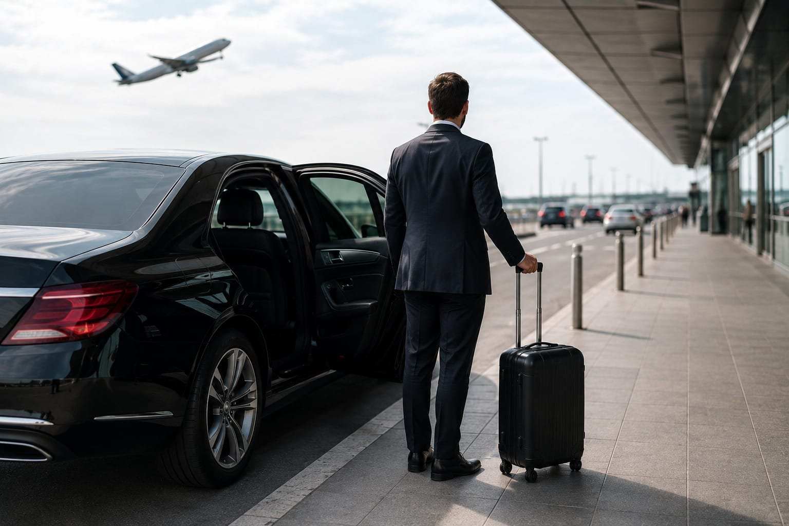 A businessman with a rolling suitcase standing beside a luxury black car with an open door outside an airport terminal as an airplane takes off.