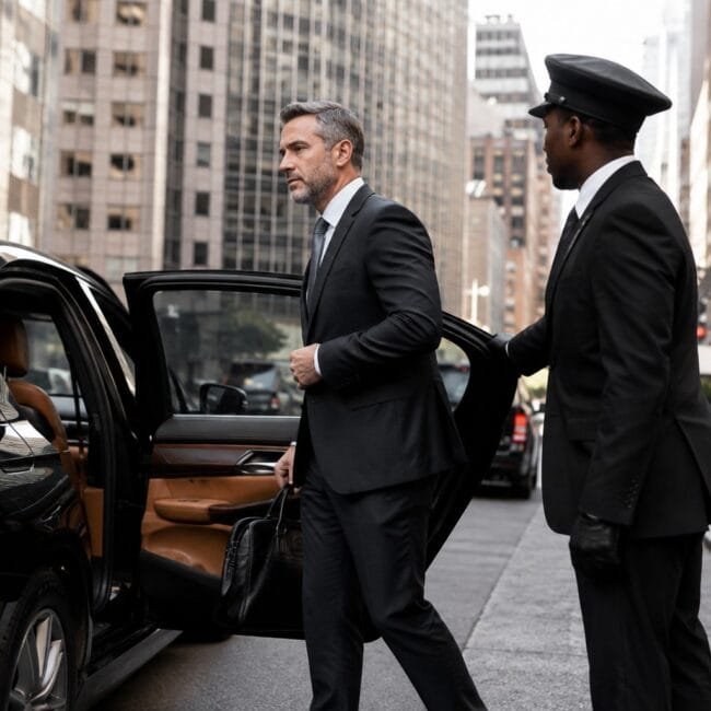 Professional chauffeur holding open the door of a black luxury car for a corporate executive in New York City.