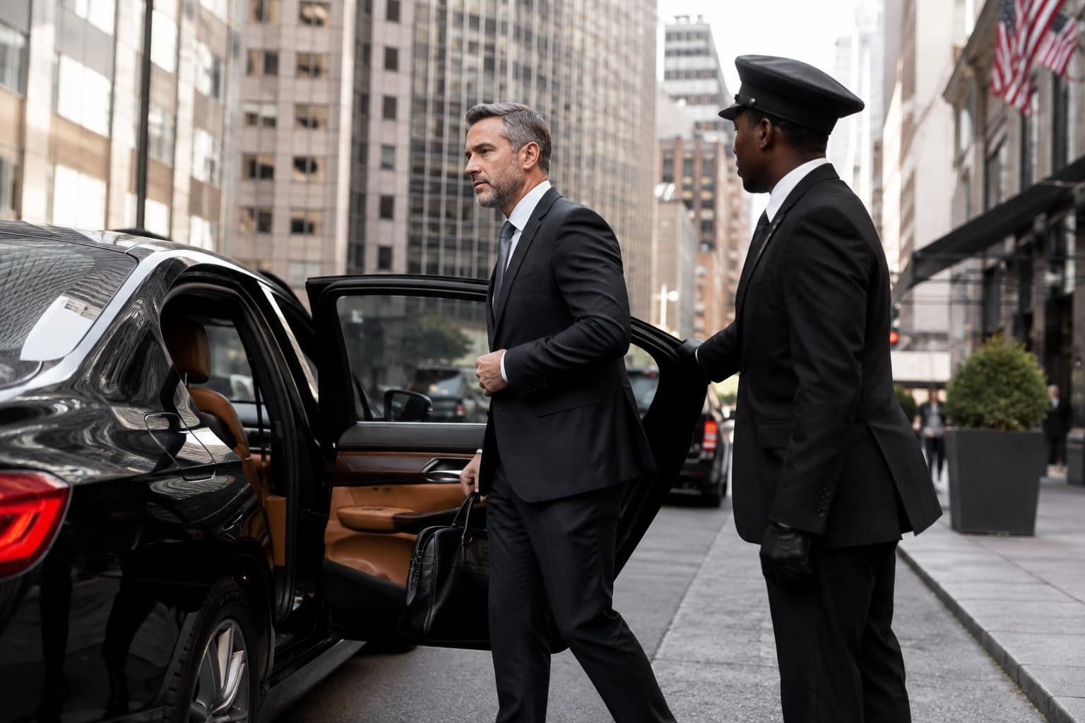 Professional chauffeur holding open the door of a black luxury car for a corporate executive in New York City.