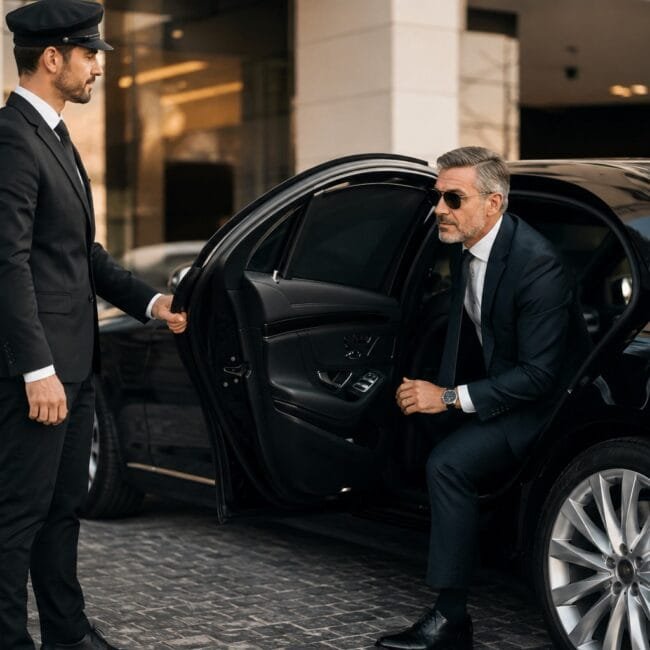 Professional chauffeur opening a luxury black sedan door for a businessman in a suit.