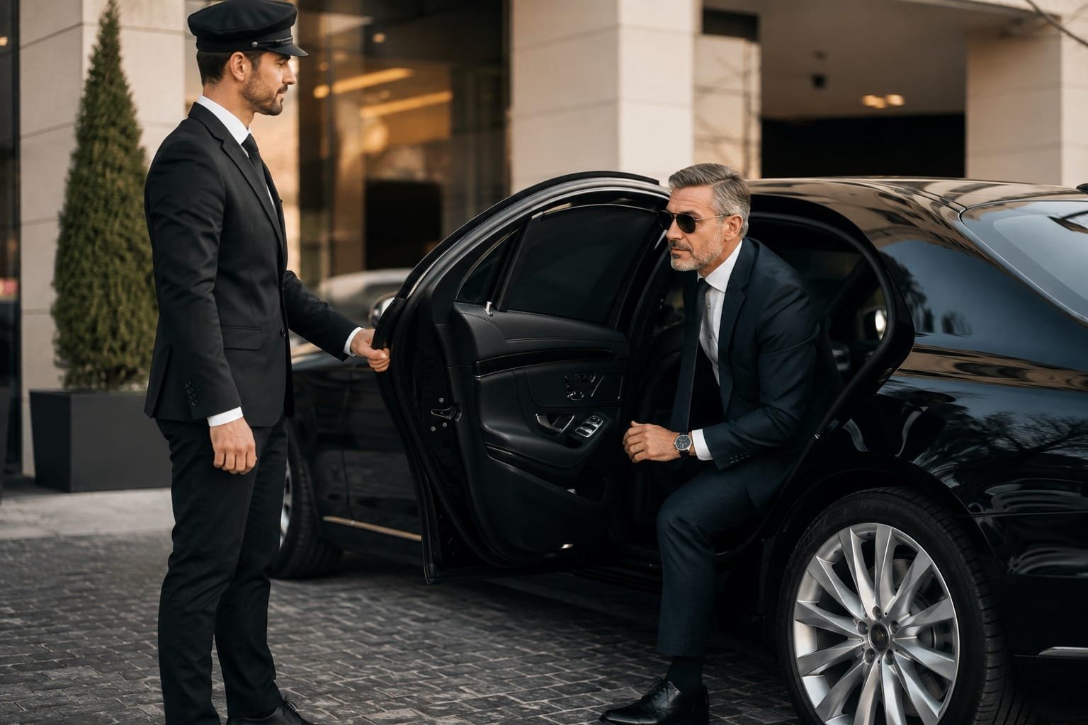 Professional chauffeur opening a luxury black sedan door for a businessman in a suit.