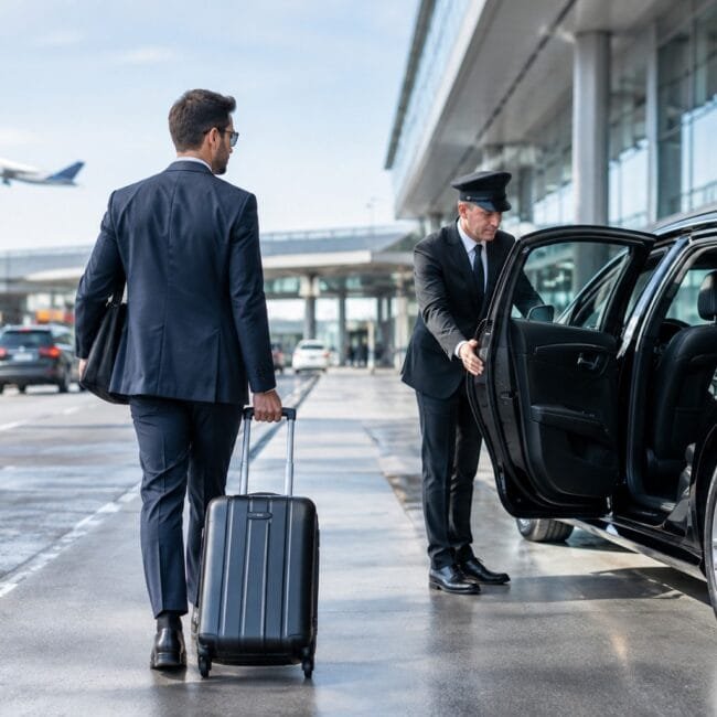 A businessman walking with his rolling luggage toward a black luxury car with a chauffeur holding the door open outside an airport terminal.