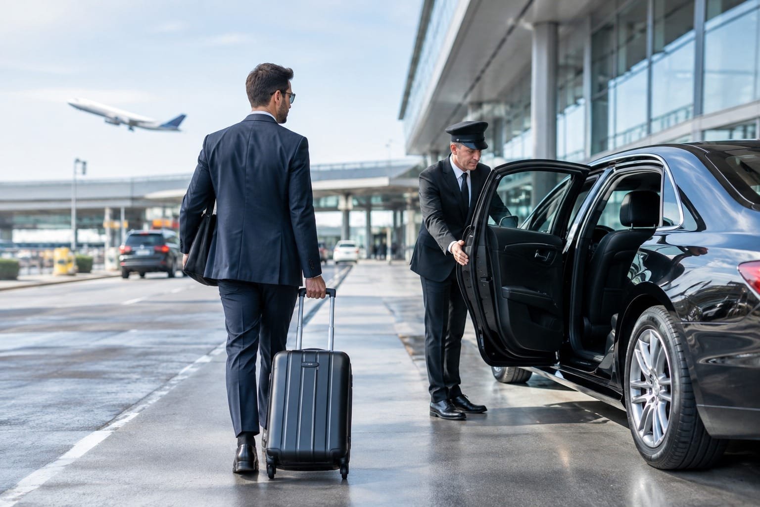 A businessman walking with his rolling luggage toward a black luxury car with a chauffeur holding the door open outside an airport terminal.