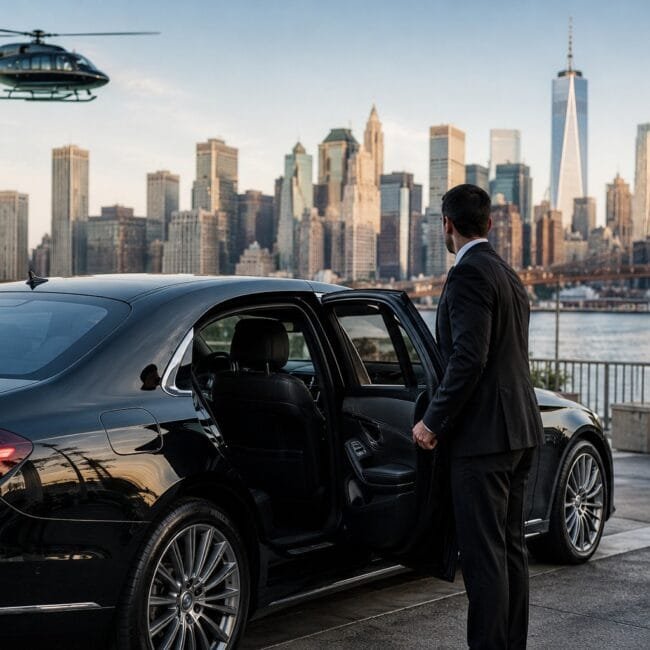 A chauffeur in a suit holding open the rear door of a luxury black sedan, with a helicopter in flight above the New York City skyline and Brooklyn Bridge in the background.