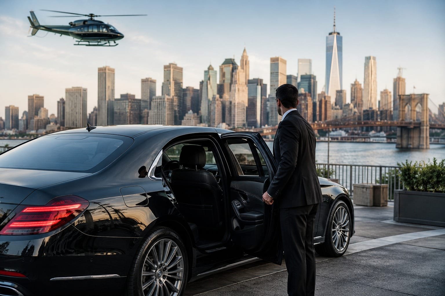 A chauffeur in a suit holding open the rear door of a luxury black sedan, with a helicopter in flight above the New York City skyline and Brooklyn Bridge in the background.