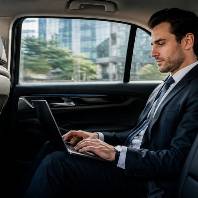 A businessman working on a laptop in the back seat of a luxury vehicle while traveling.