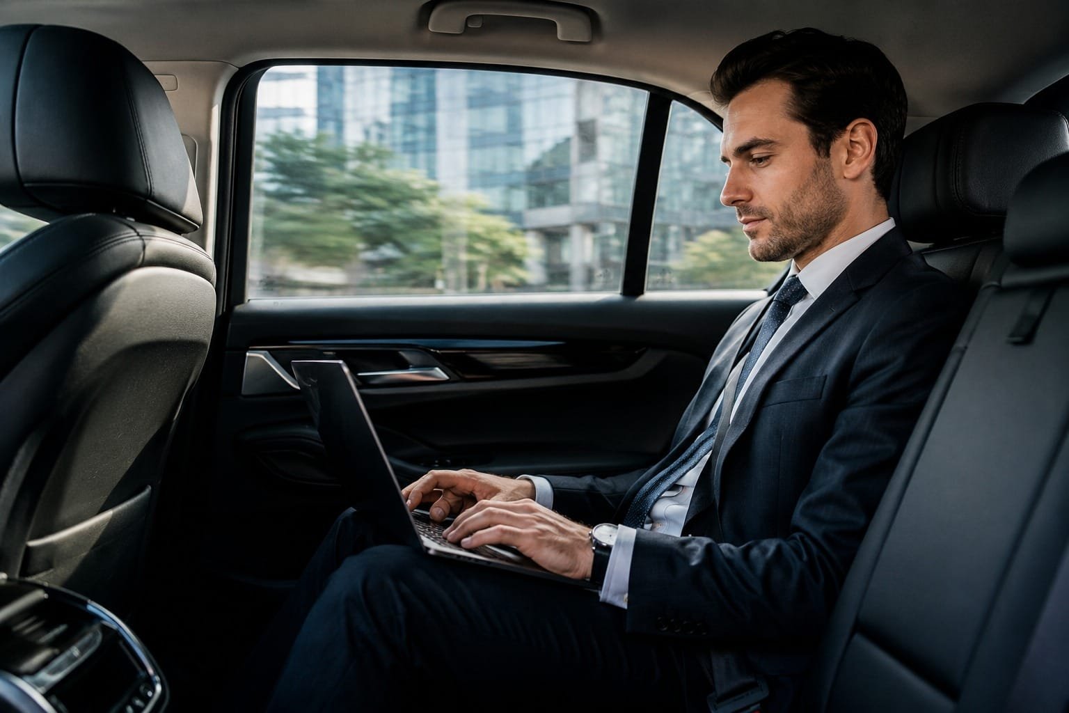 A businessman working on a laptop in the back seat of a luxury vehicle while traveling.