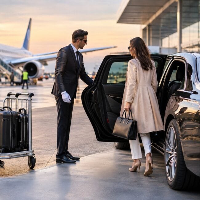 A professional chauffeur opening a black luxury car door for a woman on an airport tarmac near a private jet.