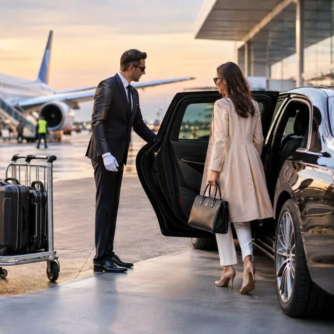 A professional chauffeur opening a black luxury car door for a woman on an airport tarmac near a private jet.