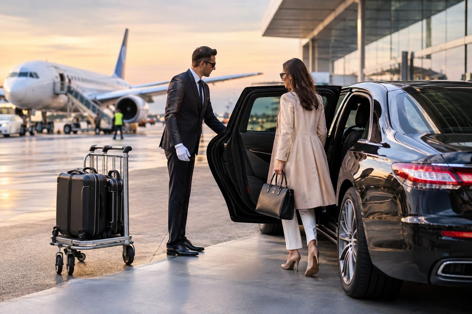 A professional chauffeur opening a black luxury car door for a woman on an airport tarmac near a private jet.