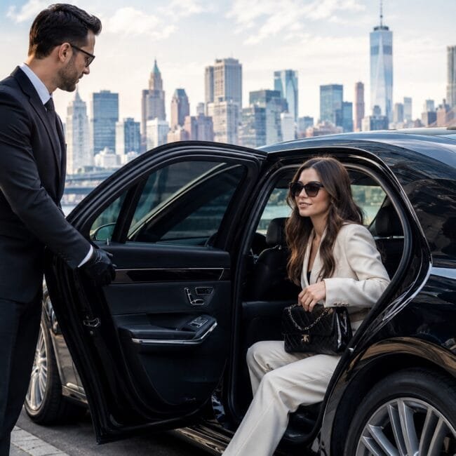 A professional chauffeur in a suit opening the door of a black luxury car for a woman with the New York City skyline in the background.