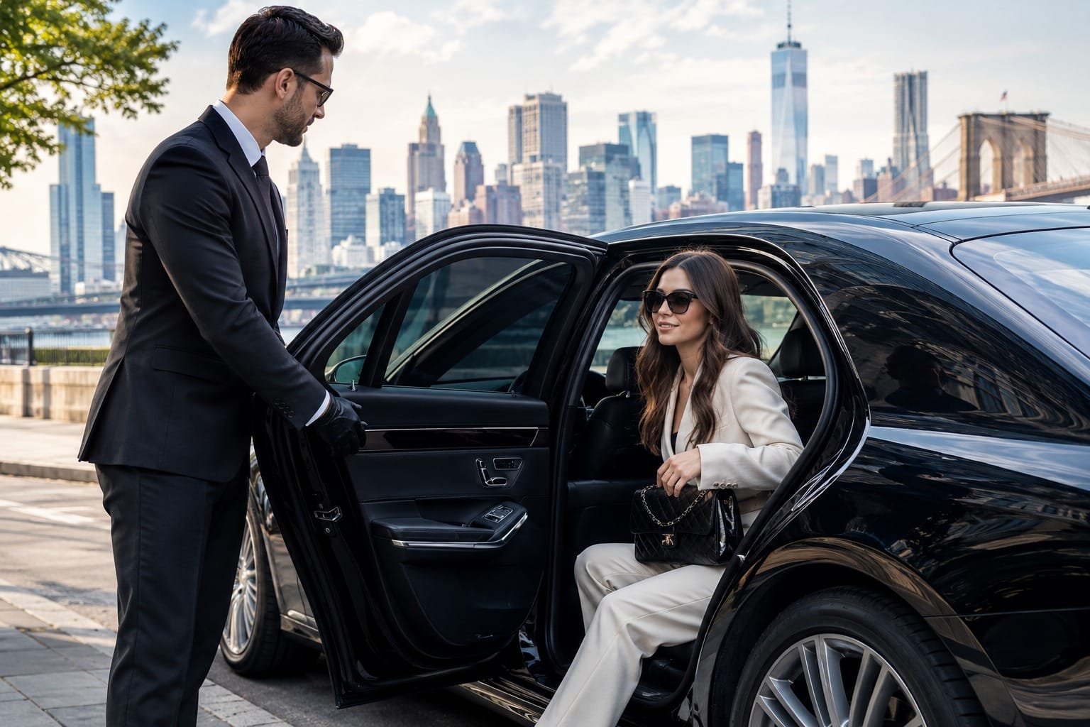A professional chauffeur in a suit opening the door of a black luxury car for a woman with the New York City skyline in the background.