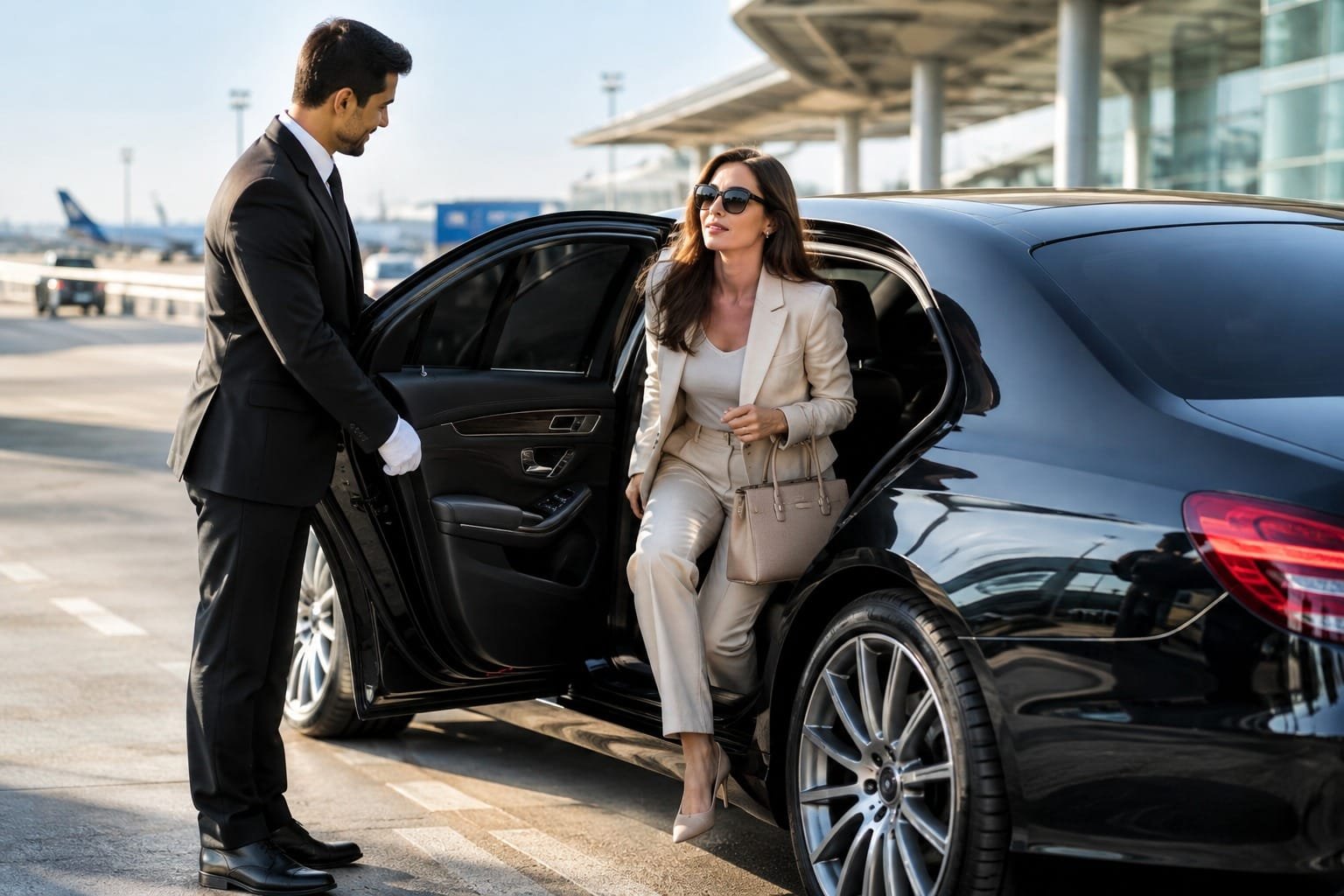 A professional chauffeur wearing white gloves holding open the door of a black luxury car for an elegantly dressed woman exiting at an airport.