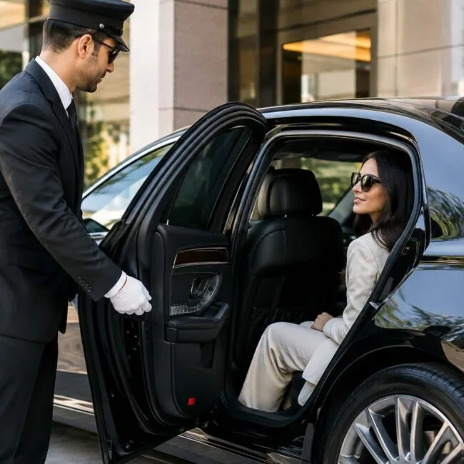 a chauffeur in a suit holding open the door of a black luxury car for a woman sitting inside.