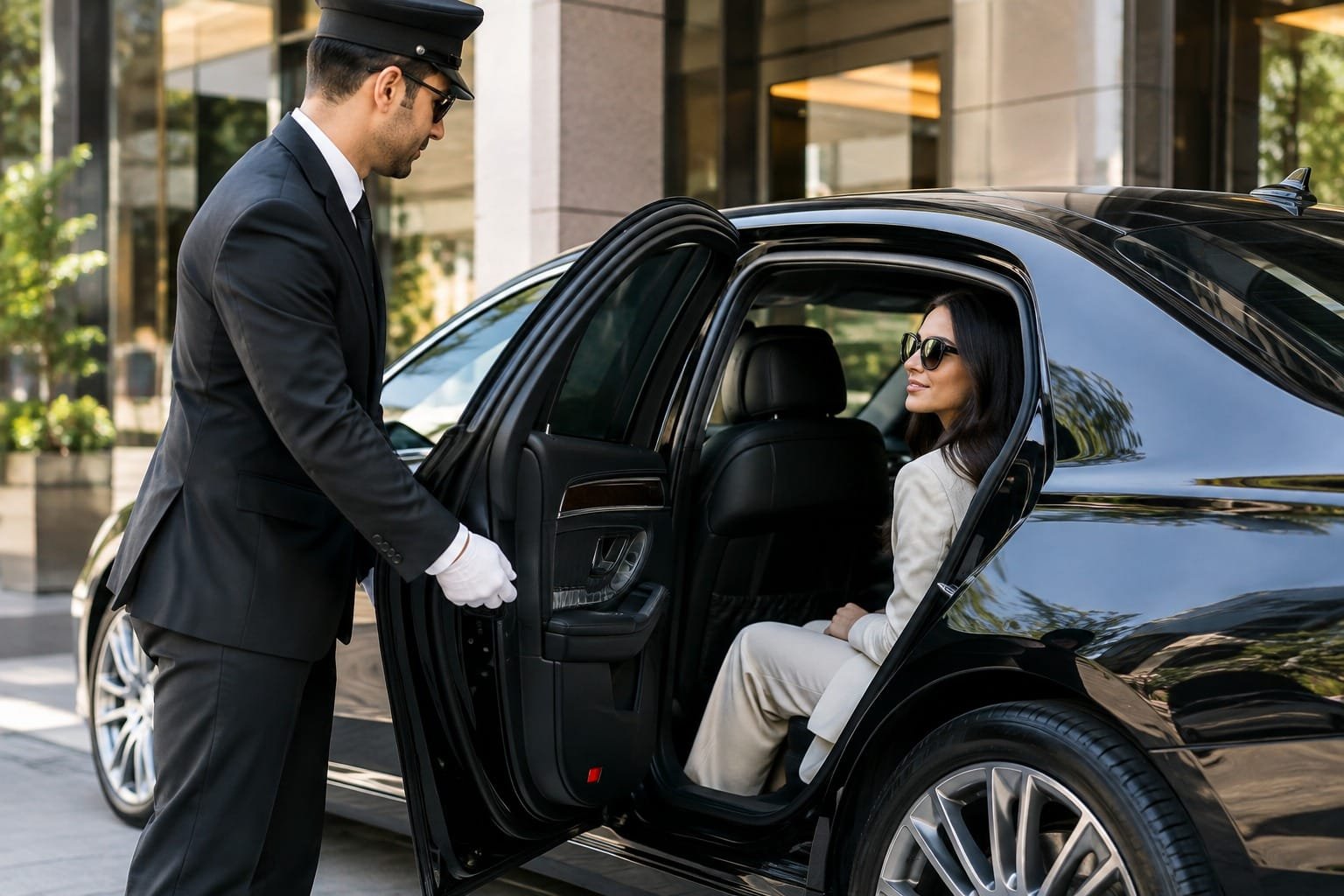 a chauffeur in a suit holding open the door of a black luxury car for a woman sitting inside.