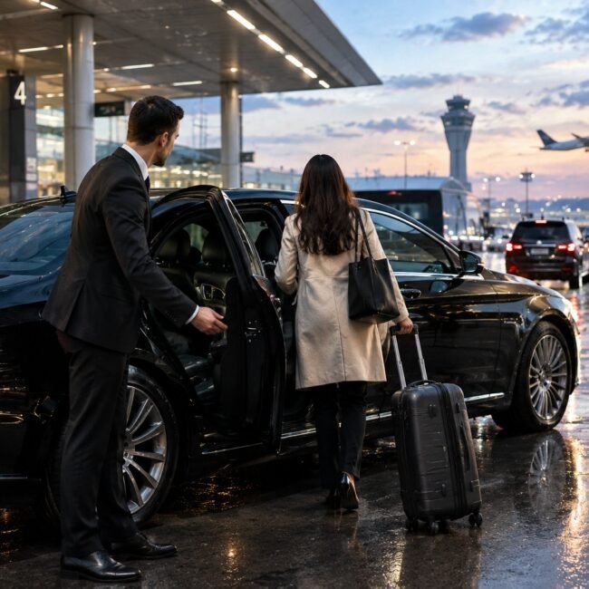 A chauffeur holding open the door of a black sedan for a woman with luggage at an airport terminal.