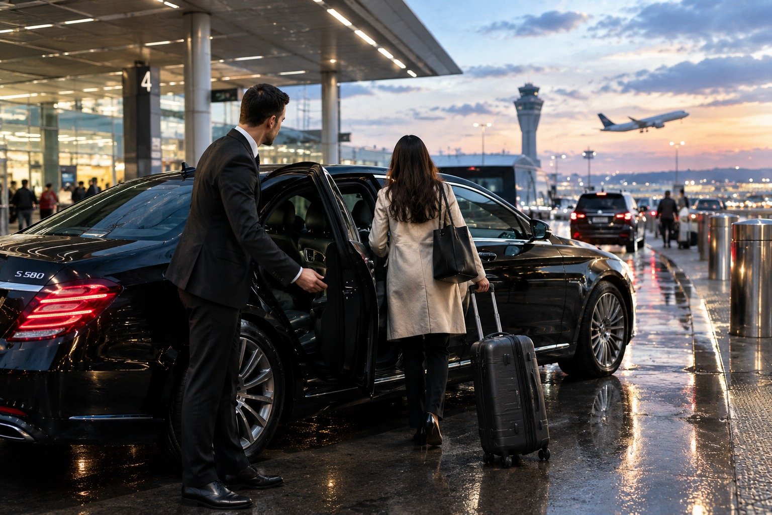 A chauffeur holding open the door of a black sedan for a woman with luggage at an airport terminal.