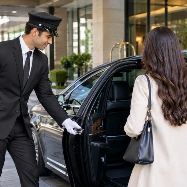 A chauffeur in a black suit, cap, and white gloves opens the door of a black luxury car for a female passenger standing outside a hotel building.