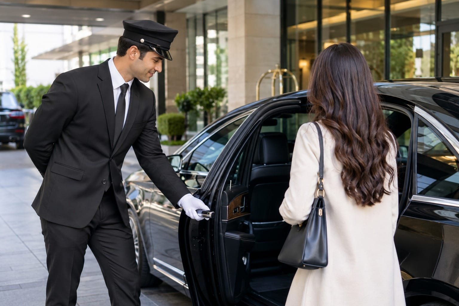A chauffeur in a black suit, cap, and white gloves opens the door of a black luxury car for a female passenger standing outside a hotel building.