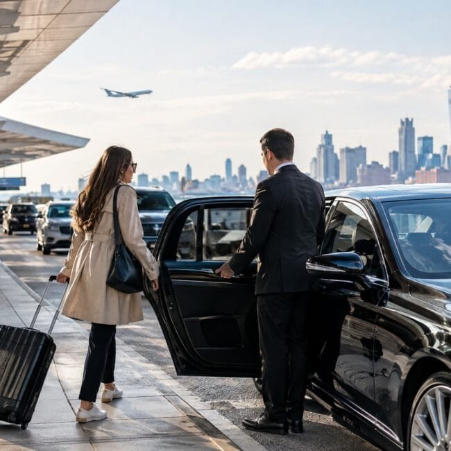 chauffeur opening a black luxury car door for a woman with luggage at an airport with the new york city skyline in the background