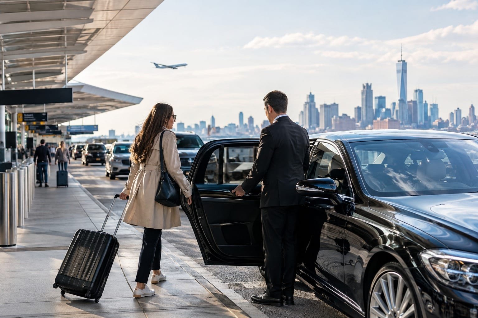 chauffeur opening a black luxury car door for a woman with luggage at an airport with the new york city skyline in the background
