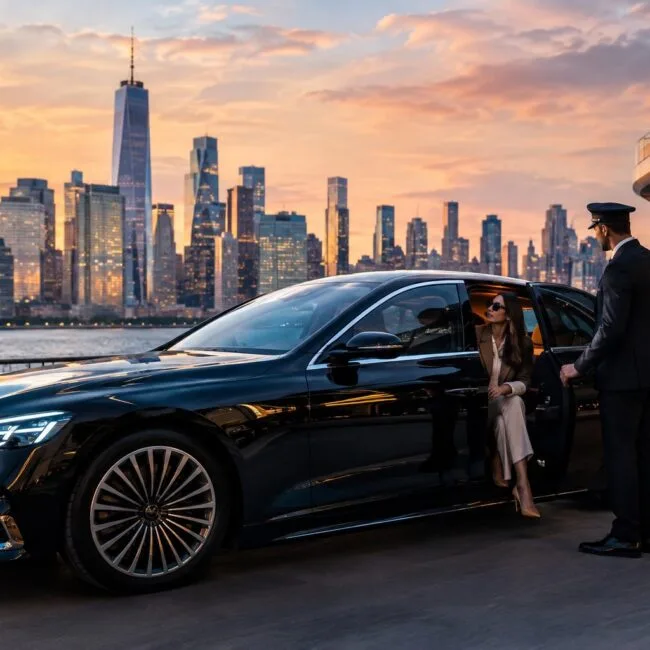 Chauffeur holding the door open for a passenger in a luxury black car with the New York City skyline at sunset in the background. JPG