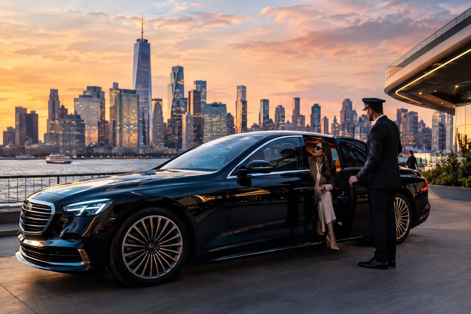 Chauffeur holding the door open for a passenger in a luxury black car with the New York City skyline at sunset in the background. JPG