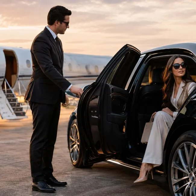 Chauffeur opening the door of a luxury black car for a woman on a private jet tarmac.