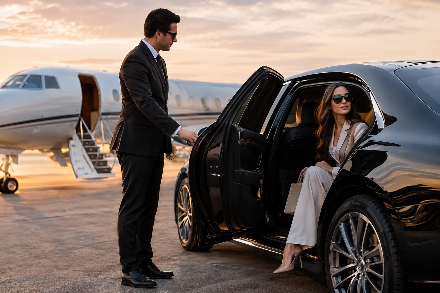 Chauffeur opening the door of a luxury black car for a woman on a private jet tarmac.