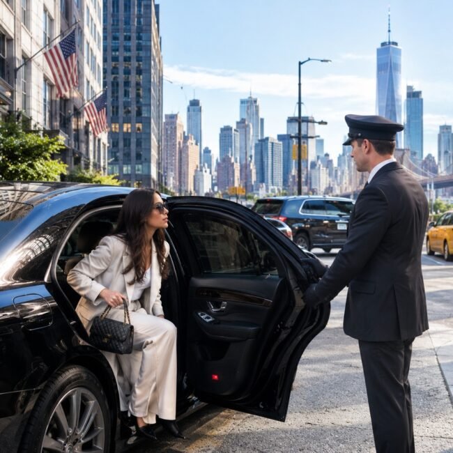 A chauffeur holding open a black car door for a woman in a white suit, with the New York City skyline in the background.
