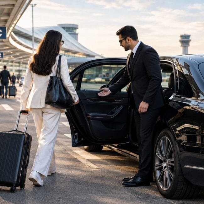 A professional chauffeur opening the door of a luxury black car for a woman with rolling luggage outside an airport terminal.