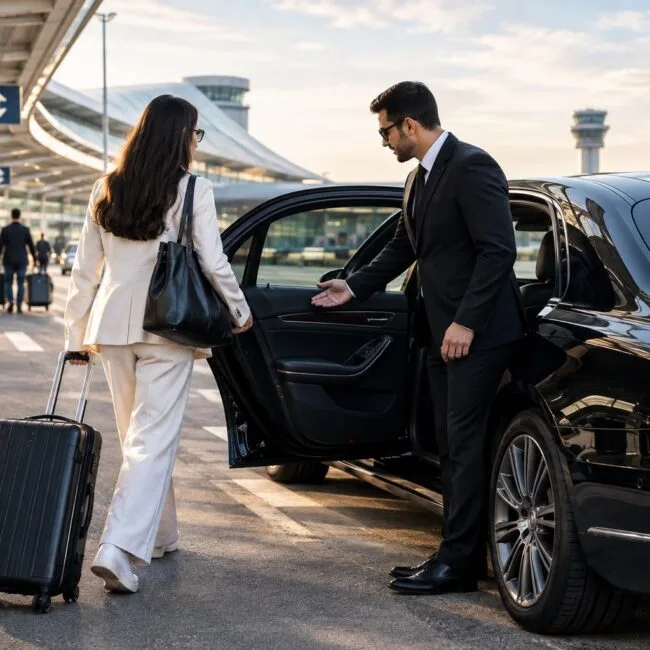 A professional chauffeur opening the door of a luxury black car for a woman with rolling luggage outside an airport terminal.