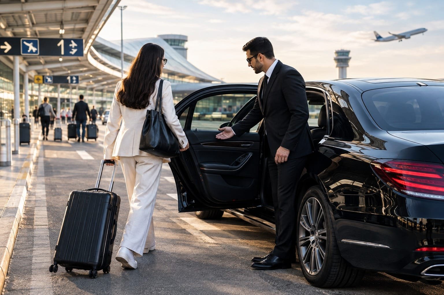 A professional chauffeur opening the door of a luxury black car for a woman with rolling luggage outside an airport terminal.